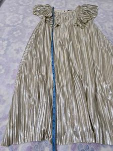 Metallic Pleated Dress with Ruffle Sleeves