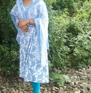 White Kurta with Blue Paisley Print