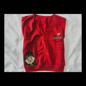 Red Embroidered Sweater Vest