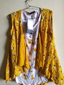 Women's Yellow Floral Sleeveless Shrug-Style Dress