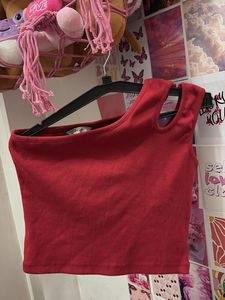 Red One Shoulder Ribbed Tank Top