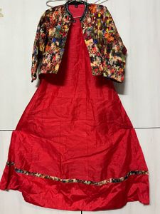 Vibrant Red Ethnic Gown with Embellished Jacket