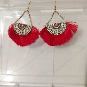Red Fringe Beaded Earrings