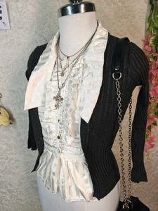 Ruffle Trim Button-Up Blouse with Cardigan