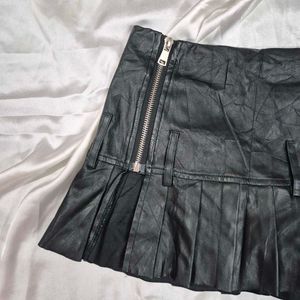 Black Pleated Faux Leather Mini Skort