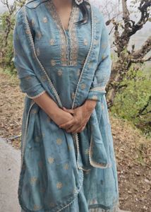 Elegant Blue Embroidered 3 piece Kurta set
