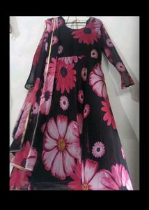 anarkali suit with dupatta , black and pink colour