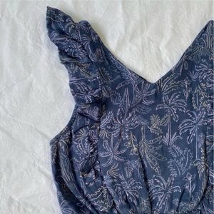 Blue Tropical Print Ruffle Top
