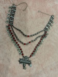 Oxidized Silver Necklace with Red Beads