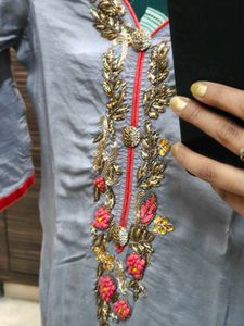 Embellished Grey Suit set with banarasi Dupatta