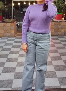 Purple Puff Sleeve Knit Sweater