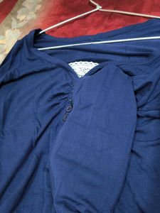 Navy Blue V-Neck Lace Trim Top