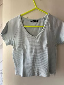 Light Blue Ribbed V-Neck Top