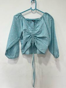 Blue Floral Ruched V-Neck Long Sleeve Top