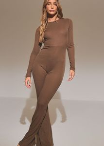 PrettyLittleThings Brown Ribbed Long Sleeve Jumpsu