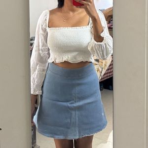 White Smocked Square Neck Crop Top