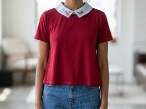 Charming Red Top with Floral Collar