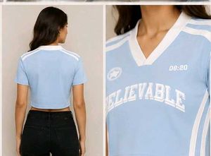 Blue Cropped "BELIEVABLE" Graphic T-Shirt