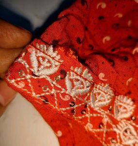 Red Printed Maxi Dress with Embellished Neckline