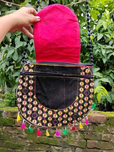 Embroidered Black Bicycle Sling Bag NEW