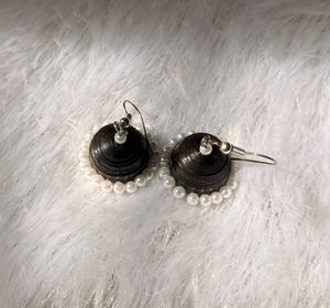 Elegant Black Paper Quilling Pearl Jhumka Earrings