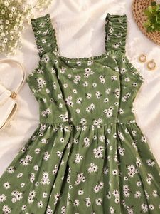 olive square neck Floral Maxi Dress