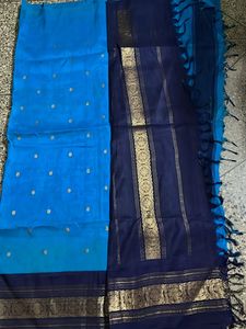 Sky Blue Saree With Royal Blur Zari Border
