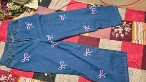 Cute Bow Print Wide Leg Jeans - shein