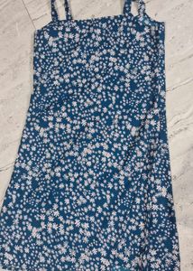 Blue Floral Print Midi Dress with Slit