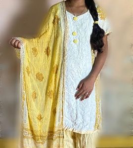 White &amp; Yellow Chikankari Kurta Set