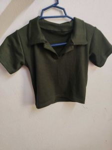 Olive Green Collared Crop Top .. polo t shirt