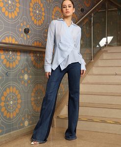 Blue &amp; White Striped Wrap Shirt