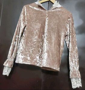 Tan Velvet Lace Trimmed Winter Top 32 Bust
