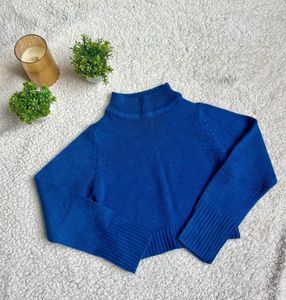 Blue Knit Mock Neck Sweater