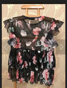 Sheer Floral Print Ruffle Sleeve Top