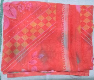 Brand New Vibrant Coral Pink Floral Saree