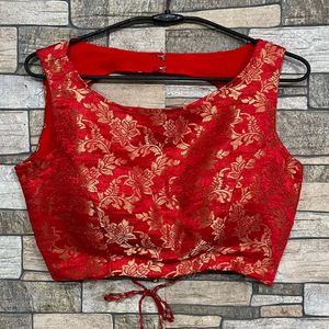 Red Brocade Blouse with Gold Floral Print