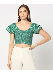 Green Floral Print Smocked Crop Top