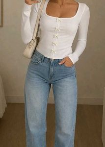Cute White Ribbed Crop Top with Bows