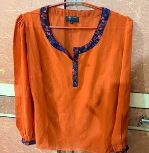 Orange Floral Trim Top