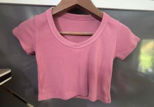 Pink Ribbed V-Neck Crop Top