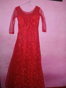 Red Embroidered Party Wear Kurta