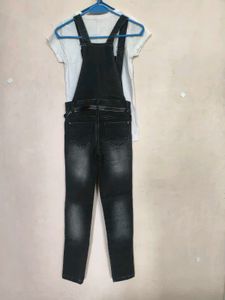 Black Denim Overalls with White T-Shirt