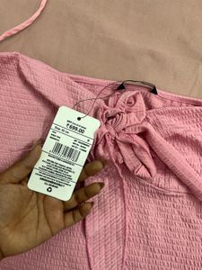 Pink Textured Halter Neck Crop Top