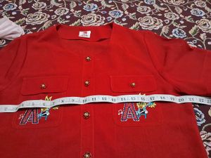 Red Button-Up Top with Cute Embroidery
