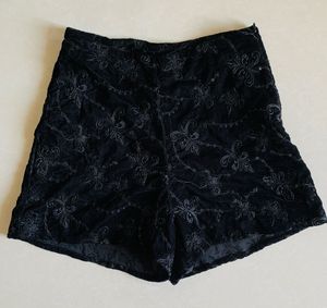 Black Velvet Floral Embroidered Shorts