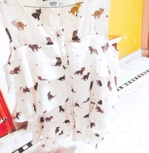 Cute Cat Print Ruffle Top
