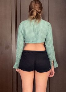 Green Checked Cropped Shrug Shirt for Women