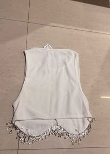 White Ribbed Crop Top with Rhinestone Fringe