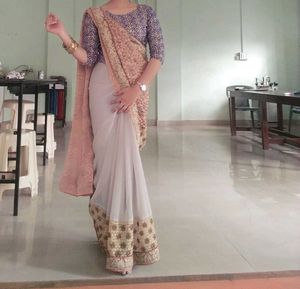 Elegant Grey &amp; Peach Saree with Embellishments